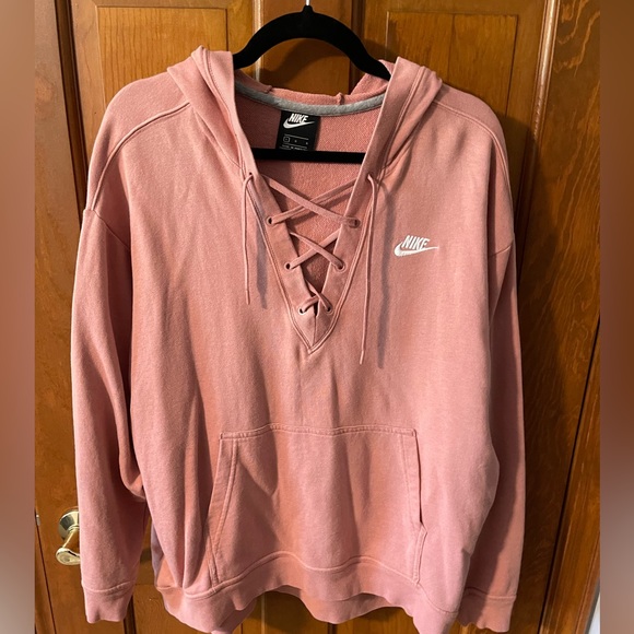 Nike Tops - Nike Women’s Lace-Up Pink Hoodie Size Large